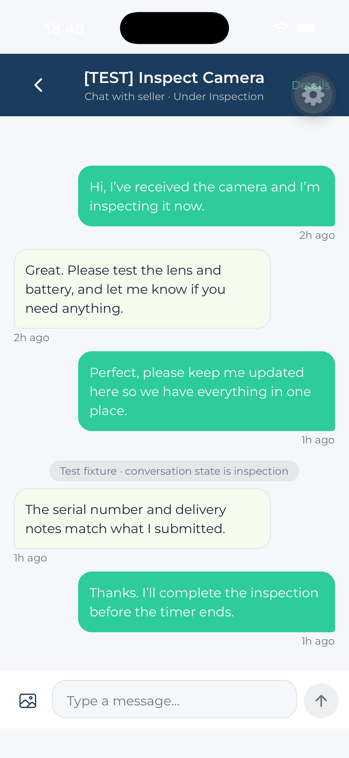 XcroTrust in-app chat between buyer and seller during a delivery inspection